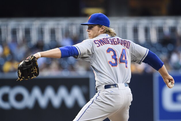 SAN DIEGO, CA - JUNE 2:  Noah Syndergaard #34 of the New York Mets pitches during the first inning of a baseball game against the San Diego Padres at Petco Park June 2, 2015 in San Diego, California.  (Photo by Denis Poroy/Getty Images)