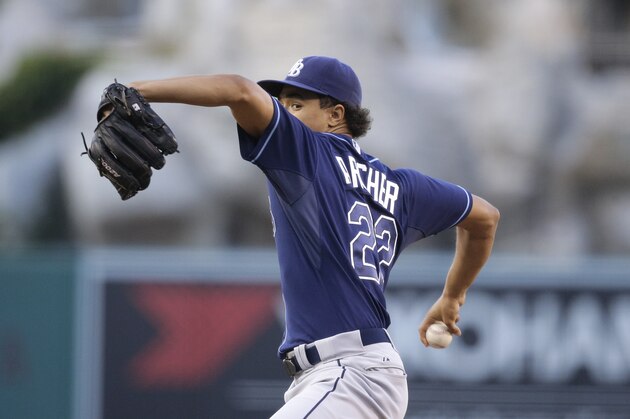 Tampa Bay Rays starting pitcher Chris Archer throws against the Los Angeles Angels during the first inning of a baseball game, Tuesday, June 2, 2015, in Anaheim, Calif. (AP Photo/Jae C. Hong)