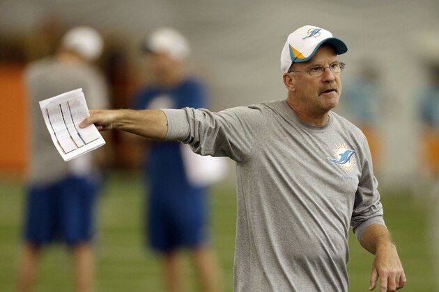 Miami Dolphins defensive coordinator Kevin Coyle gestures during an NFL football practice, Friday, July 26, 2013, in Davie, Fla. (AP Photo/Lynne Sladky)