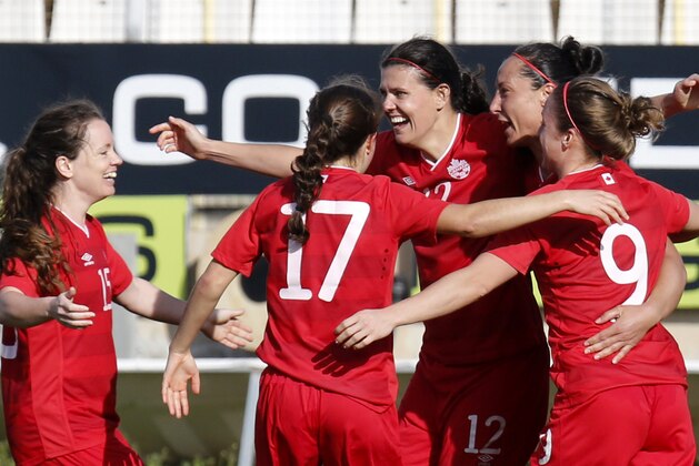 Canada players celebrate scoring against Korea during the Cyprus Women's Cup soccer match, at GSZ stadium in Larnaca, Cyprus, Friday March 6, 2015. (AP Photo/Petros Karadjias)