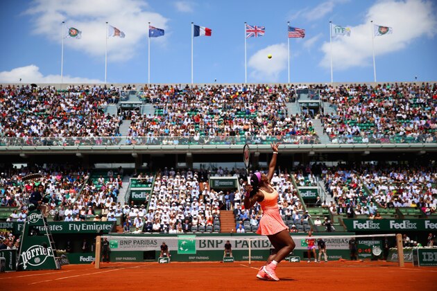 PARIS, FRANCE - JUNE 03:  Serena Williams of the United States serves in her Women's quarter final match against Sara Errani of Italy on day eleven of the 2015 French Open at Roland Garros on June 3, 2015 in Paris, France.  (Photo by Clive Brunskill/Getty Images)