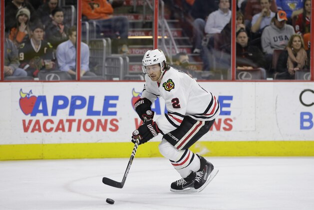 Chicago Blackhawks' Duncan Keith in action during an NHL hockey game against the Philadelphia Flyers, Wednesday, March 25, 2015, in Philadelphia. (AP Photo/Matt Slocum)