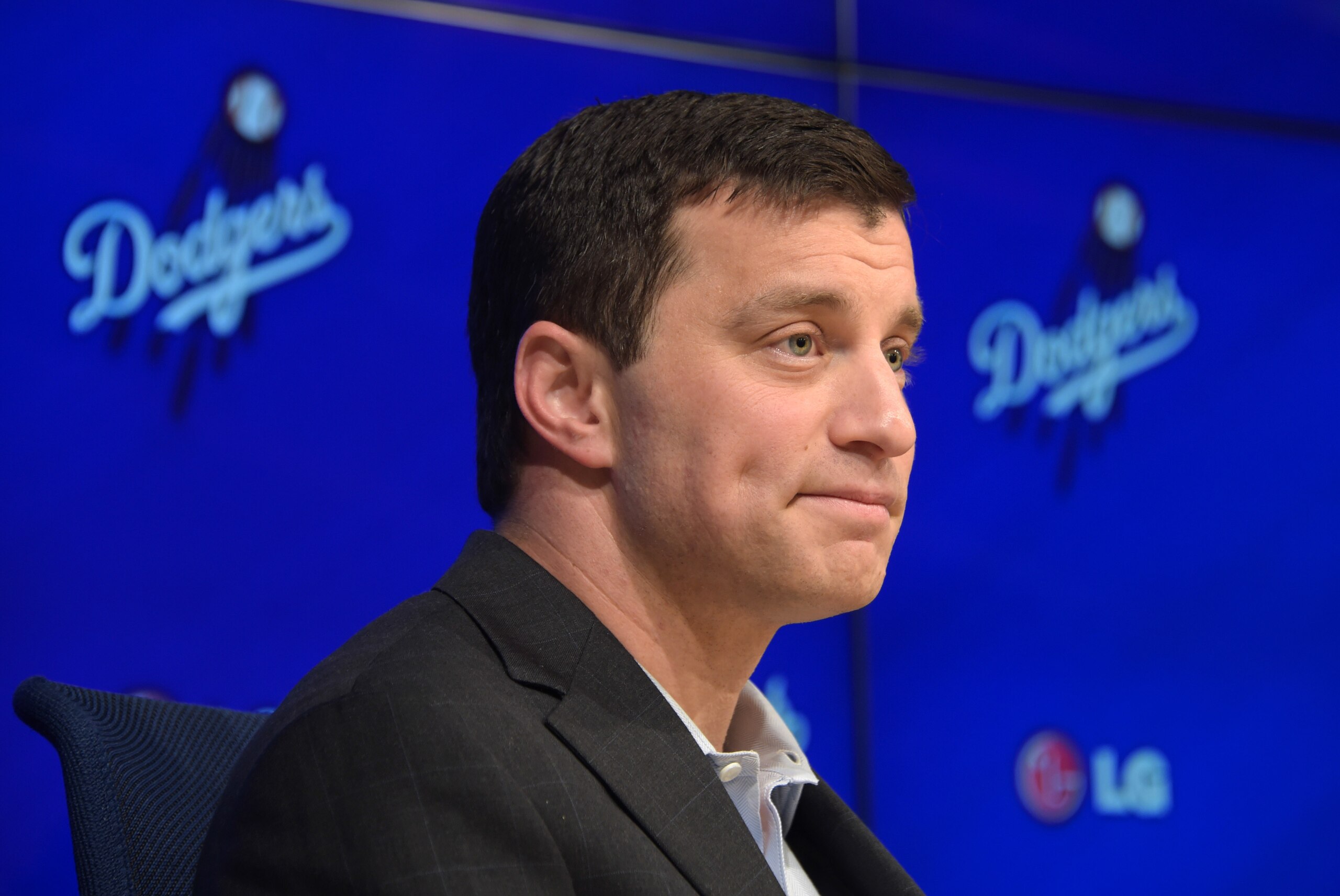Oct 17, 2014; Los Angeles, CA, USA; Andrew Friedman is introduced as Los Angeles Dodgers president of baseball operations at press conference at Dodger Stadium. Mandatory Credit: Kirby Lee-USA TODAY Sports