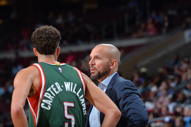 PHILADELPHIA,PA - APRIL 13: Head Coach Jason Kidd of the Milwaukee Bucks speaks with Michael Carter-Williams #5 against the Philadelphia 76ers at Wells Fargo Center on April 13, 2015 in Philadelphia, Pennsylvania NOTE TO USER: User expressly acknowledges and agrees that, by downloading and/or using this Photograph, user is consenting to the terms and conditions of the Getty Images License Agreement. Mandatory Copyright Notice: Copyright 2015 NBAE (Photo by Jesse D. Garrabrant/NBAE via Getty Images)