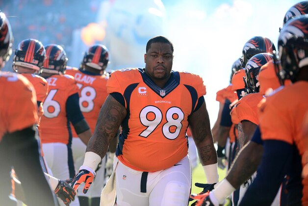 Dec 28, 2014; Denver, CO, USA; Denver Broncos defensive tackle Terrance Knighton (98) before the start of the game against the Oakland Raiders at Sports Authority Field at Mile High. Mandatory Credit: Ron Chenoy-USA TODAY Sports