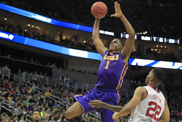 Mar 19, 2015; Pittsburgh, PA, USA; LSU Tigers forward Jarell Martin (1) shoots the ball in front of North Carolina State Wolfpack guard Ralston Turner (22) during the first half in the second round of the 2015 NCAA Tournament at Consol Energy Center. Mandatory Credit: Charles LeClaire-USA TODAY Sports