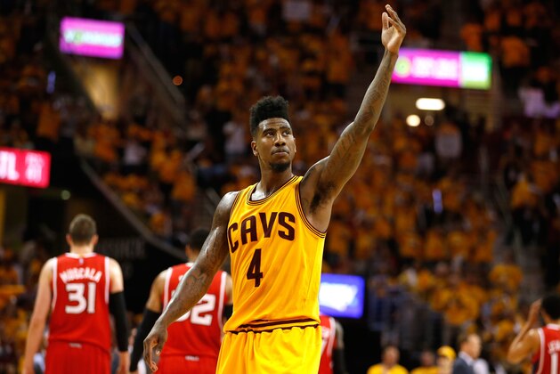 CLEVELAND, OH - MAY 26: Iman Shumpert #4 of the Cleveland Cavaliers reacts late in the fourth quarter against the Atlanta Hawks during Game Four of the Eastern Conference Finals of the 2015 NBA Playoffs at Quicken Loans Arena on May 26, 2015 in Cleveland, Ohio. NOTE TO USER: User expressly acknowledges and agrees that, by downloading and or using this Photograph, user is consenting to the terms and conditions of the Getty Images License Agreement.  (Photo by Gregory Shamus/Getty Images)