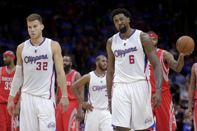 Los Angeles Clippers forward Blake Griffin, left, and center DeAndre Jordan react after a foul call during the second half of Game 6 in a second-round NBA basketball playoff series against the Houston Rockets in Los Angeles, Thursday, May 14, 2015, The Rockets won 119-107. (AP Photo/Jae C. Hong)