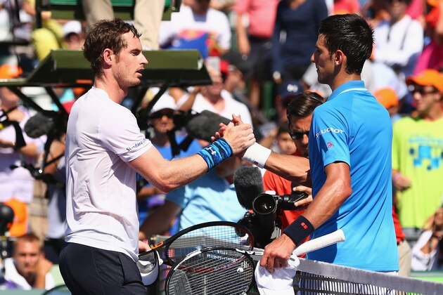 KEY BISCAYNE, FL - APRIL 05:  Novak Djokovic of Serbia shakes hands at the net after his three set victory against Andy Murray of Great Britain in the mens final during the Miami Open Presented by Itau at Crandon Park Tennis Center on April 5, 2015 in Key Biscayne, Florida.  (Photo by Clive Brunskill/Getty Images)