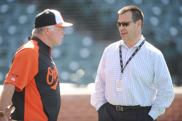 BALTIMORE, MD - JUNE 24:  Executive Vice-President of Baseball Operations Dan Duquette and manager Buck Showalter #26 of the Baltimore Orioles talk before a baseball game against the Chicago White Sox on June 24, 2014 at Oriole Park at Camden Yards in Baltimore, Maryland.  (Photo by Mitchell Layton/Getty Images)