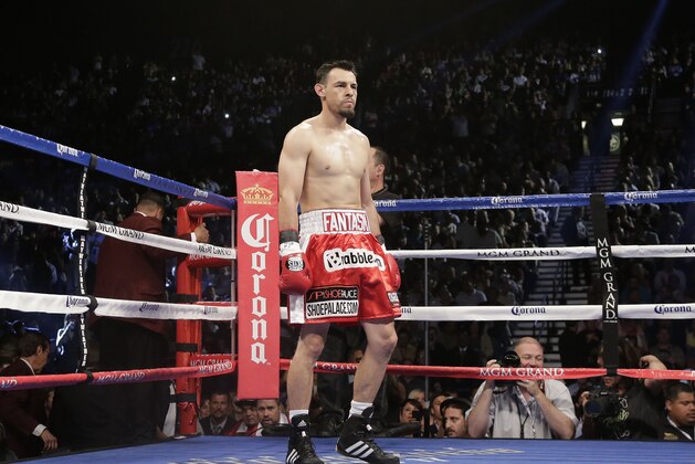 Robert Guerrero steps out of his corner in the first round against Floyd Mayweather Jr. during a WBC welterweight title fight, Saturday, May 4, 2013, in Las Vegas. (AP Photo/Rick Bowmer)