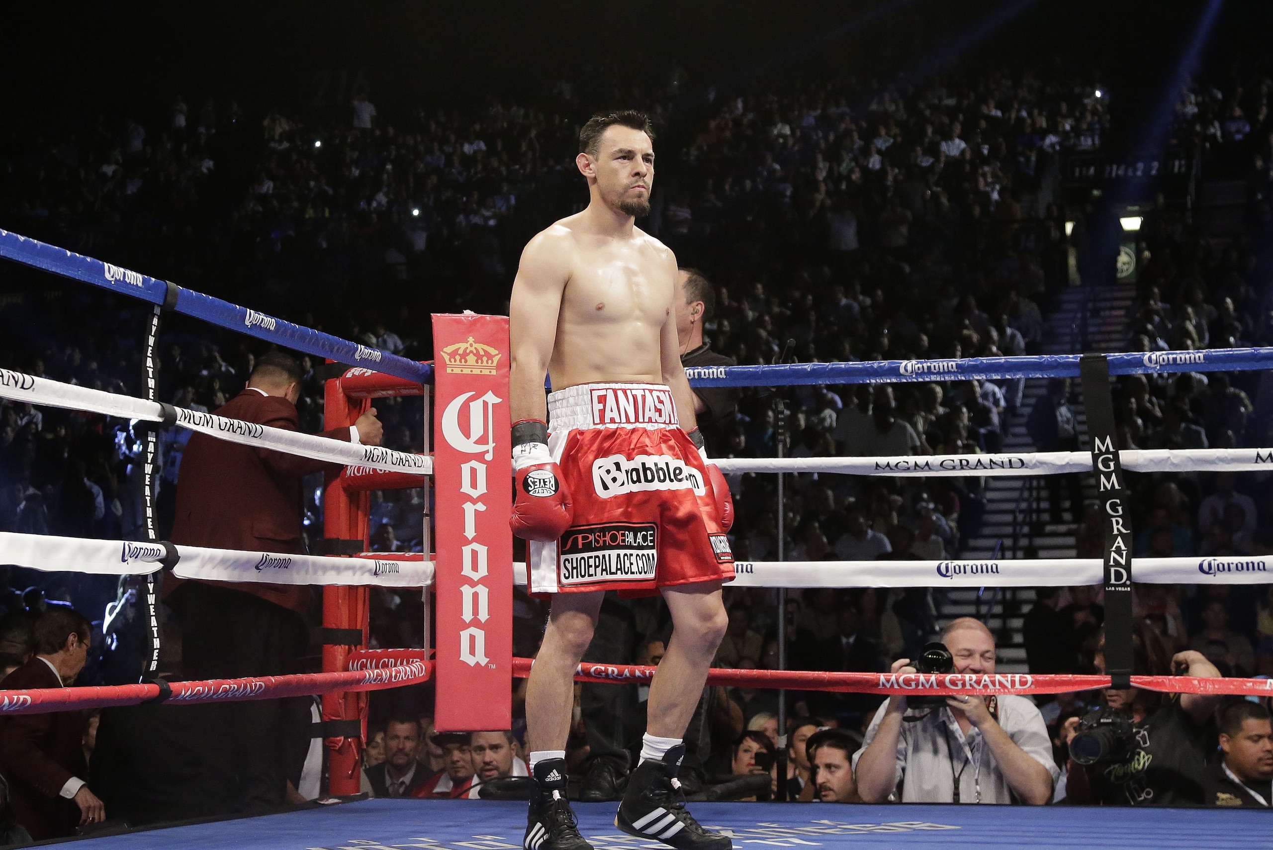 Robert Guerrero steps out of his corner in the first round against Floyd Mayweather Jr. during a WBC welterweight title fight, Saturday, May 4, 2013, in Las Vegas. (AP Photo/Rick Bowmer) Robert Guerrero steps out of his corner in the first round against Floyd Mayweather Jr. during a WBC welterweight title fight, Saturday, May 4, 2013, in Las Vegas. (AP Photo/Rick Bowmer)