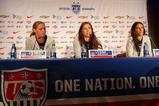 NEW YORK, NY - MAY 27: Christie Rampone,Alex Morgan and Carli Lloyd answer questions during the United States Women's World Cup Media Day at Marriott Marquis Hotel on May 27, 2015 in New York City. (Photo by Elsa/Getty Images) NEW YORK, NY - MAY 27: Christie Rampone,Alex Morgan and Carli Lloyd answer questions during the United States Women's World Cup Media Day at Marriott Marquis Hotel on May 27, 2015 in New York City. (Photo by Elsa/Getty Images)