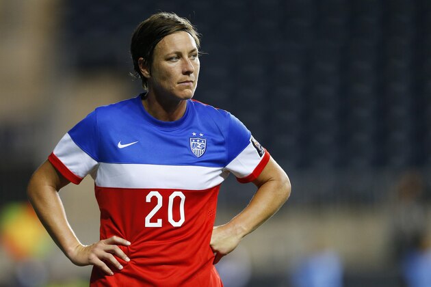 FILE - In this Oct. 26, 2014 file photo, United States forward Abby Wambach (20) stands on the field against Costa Rica during the CONCACAF championship soccer match in Chester, Pa.  The prolific goal-scorer for the U.S. women's national team will turn 35 just before the World Cup opens in June, 2015. Wambach has often said she considers this her last chance to raise the coveted trophy. (AP Photo/Rich Schultz, File)