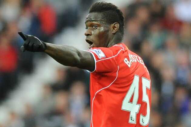 Liverpool's Mario Balotelli points during the English Premier League soccer match between West Bromwich Albion and Liverpool at the Hawthorns, West Bromwich, England, Saturday, April 25, 2015. (AP Photo/Rui Vieira)