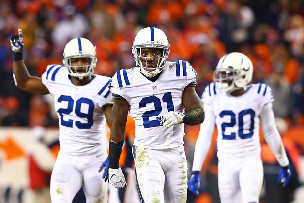 Jan 11, 2015; Denver, CO, USA; Indianapolis Colts cornerback Vontae Davis (21), safety Mike Adams (29) and cornerback Darius Butler (20) against the Denver Broncos in the 2014 AFC Divisional playoff football game at Sports Authority Field at Mile High. The Colts defeated the Broncos 24-13. Mandatory Credit: Mark J. Rebilas-USA TODAY Sports