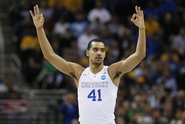 Mar 26, 2015; Cleveland, OH, USA; Kentucky Wildcats forward Trey Lyles (41) reacts during the first half against the West Virginia Mountaineers in the semifinals of the midwest regional of the 2015 NCAA Tournament at Quicken Loans Arena. Mandatory Credit: Rick Osentoski-USA TODAY Sports