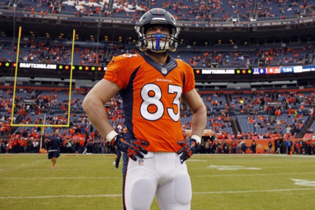 Denver Broncos wide receiver Wes Welker (83) takes the field prior to an NFL divisional playoff football game against the Indianapolis Colts, Sunday, Jan. 11, 2015, in Denver. (AP Photo/Jack Dempsey)