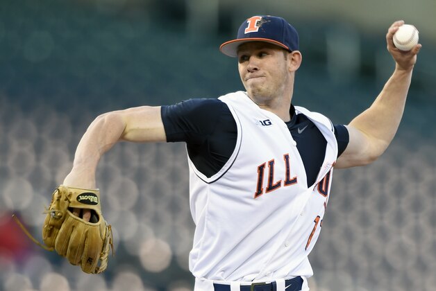 Illinois closer Tyler Jay (11) delivers against Nebraska during the ninth inning of a first-round NCAA Big Ten tournament college baseball game Wednesday, May 20, 2015, in Minneapolis. Illinois won 3-2. (AP Photo/Hannah Foslien)