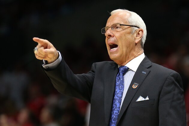 LOS ANGELES, CA - MARCH 26:  Head coach Roy Williams of the North Carolina Tar Heels calls out in the first half against the Wisconsin Badgers during the West Regional Semifinal of the 2015 NCAA Men's Basketball Tournament at Staples Center on March 26, 2015 in Los Angeles, California.  (Photo by Stephen Dunn/Getty Images)