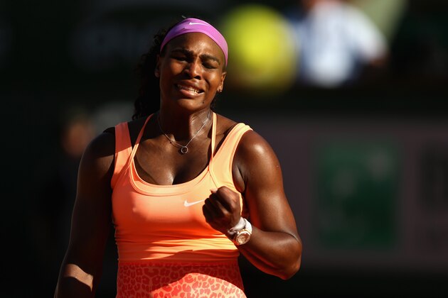 PARIS, FRANCE - JUNE 04:  Serena Williams of the United States reacts during her Women's Semi final match against Timea Bacsinszky of Switzerland on day twelve of the 2015 French Open at Roland Garros on June 4, 2015 in Paris, France.  (Photo by Clive Brunskill/Getty Images)