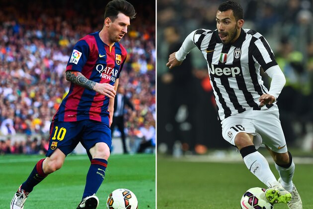 (FILE PHOTO - Image Numbers 472965042 (L) and 466474138) In this composite image a comparison has been made between Lionel Messi of FC Barcelona (L) and Carlos Tevez of Juventus FC. Juventus and FC Barcelona meet each other in the UEFA Champions League Final at the Olympiastadion Stadium on June 6, 2015 in Berlin,Germany. ***LEFT IMAGE*** BARCELONA, SPAIN - MAY 09: Lionel Messi of FC Barcelona runs with the ball during the La Liga match between FC Barcelona and Real Sociedad de Futbol at Camp Nou on May 9, 2015 in Barcelona, Spain. (Photo by David Ramos/Getty Images) *** RIGHT IMAGE*** TURIN, ITALY - MARCH 09: Carlos Tevez of Juventus FC in action during the Serie A match between Juventus FC and US Sassuolo Calcio at Juventus Arena on March 9, 2015 in Turin, Italy. (Photo by Valerio Pennicino/Getty Images)