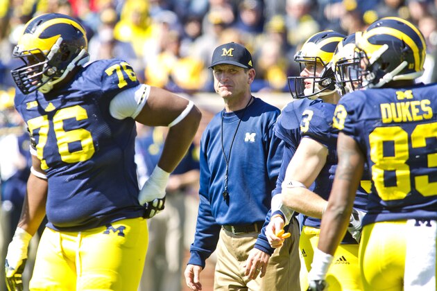 Michigan head coach Jim Harbaugh stands on the field amongst his players between downs during the NCAA college football team's spring game in Ann Arbor, Mich., Saturday, April 4, 2015. (AP Photo/Tony Ding)