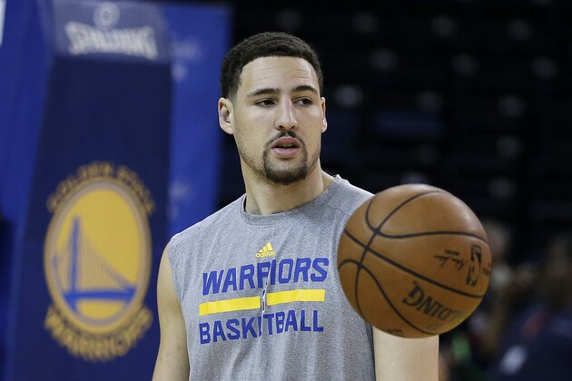 Golden State Warriors' Klay Thompson waits to shoot during NBA basketball practice, Wednesday, June 3, 2015, in Oakland, Calif. The Warriors host the Cleveland Cavaliers in Game 1 of the NBA Finals on Thursday. (AP Photo/Ben Margot)