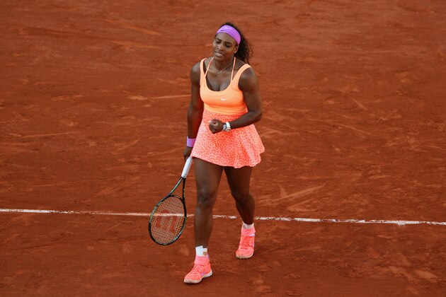 PARIS, FRANCE - JUNE 04:  Serena Williams of the United States reacts  after winning her Women's Semi final match against Timea Bacsinszky of Switzerland on day twelve of the 2015 French Open at Roland Garros on June 4, 2015 in Paris, France.  (Photo by Clive Brunskill/Getty Images)