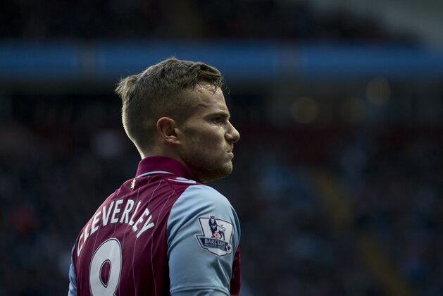 Aston Villa's Tom Cleverley is seen during the English Premier League soccer match between Aston Villa and Liverpool at Villa Park Stadium, Birmingham, England, Saturday Jan. 17, 2015. (AP Photo/Jon Super)