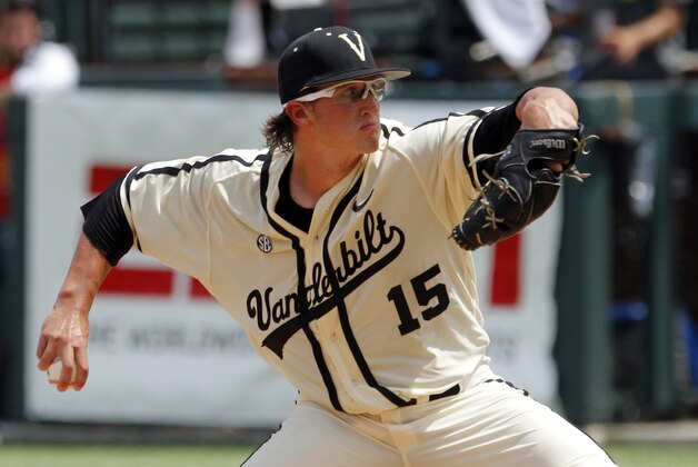 Vanderbilt pitcher Carson Fulmer throws to a Stanford batter during the first inning of an NCAA college baseball Super Regional tournament game Saturday, June 7, 2014, in Nashville, Tenn. (AP Photo/Wade Payne)