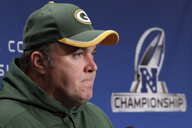 Green Bay Packers head coach Mike McCarthy answers a question after an NFL football NFC Championship game against the Seattle Seahawks Sunday, Jan. 18, 2015, in Seattle. The Seahawks won 28-22 to advance to Super Bowl XLIX. (AP Photo/Jeff Chiu)