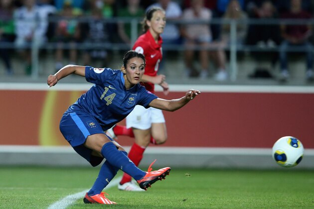 LINKOPING, SWEDEN - JULY 18: Louisa Necib of France scores the second goal during the UEFA Women's EURO 2013 Group C match between France
and England at Linkoping Arena on July 18, 2013 in Linkoping, Sweden. (Photo by Christof Koepsel/Getty Images)