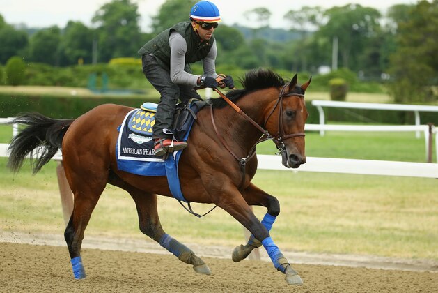 ELMONT, NY - JUNE 04:  Jorge Alvarez up, rides American Pharoah during training at Belmont Park on June 4, 2015 in Elmont, New York.  (Photo by Al Bello/Getty Images)
