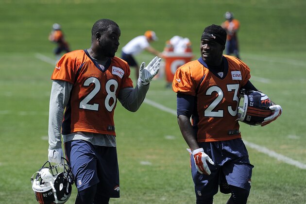 Denver Broncos running backs Montee Ball, left, and Ronnie Hillman walk off the field after an NFL football practice in Englewood, Colo., on Monday, Aug. 25, 2014. (AP Photo/Chris Schneider)