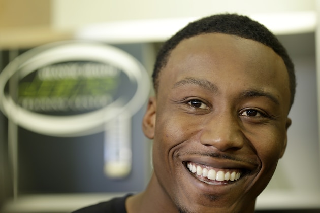 New York Jets Brandon Marshall speaks to reporters after organized team activity in Florham Park, N.J., Wednesday, May 27, 2015.   (AP Photo/Seth Wenig)