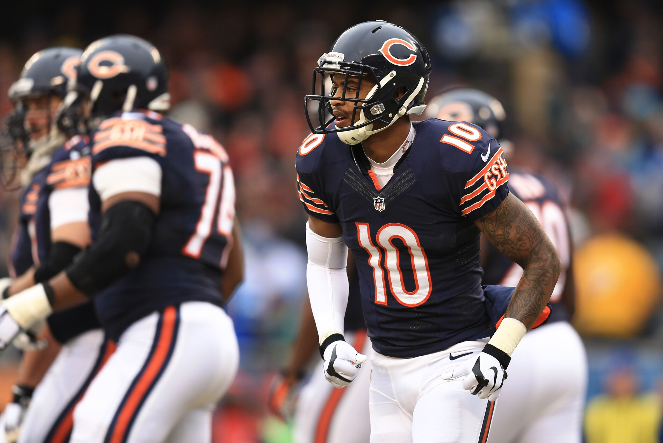 Dec 21, 2014; Chicago, IL, USA; Chicago Bears wide receiver Marquess Wilson (10) against the Detroit Lions at Soldier Field. The Lions defeated the Bears 20-14. Mandatory Credit: Andrew Weber-USA TODAY Sports