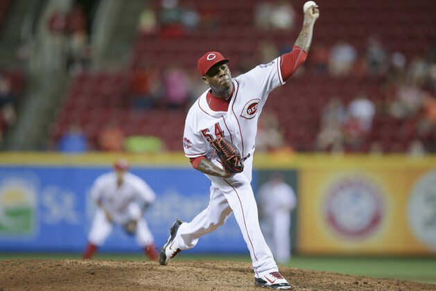 Cincinnati Reds relief pitcher Aroldis Chapman in the ninth inning of a baseball game against the Colorado Rockies, Tuesday, May 26, 2015, in Cincinnati. The Reds won 2-1. (AP Photo/John Minchillo)