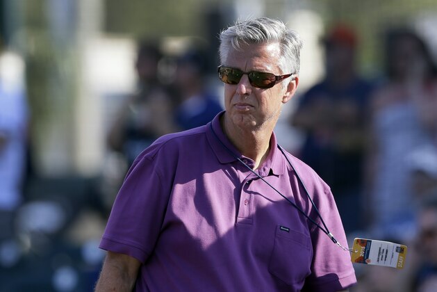 Detroit Tigers genera manager Dave Dombrowski is seen during batting practice before a spring training exhibition baseball game between the Pittsburgh Pirates and the Detroit Tigers in Bradenton, Fla., Wednesday, March 18, 2015. (AP Photo/Carlos Osorio)