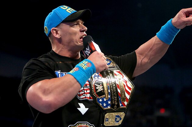 WWE superstar John Cena celebrates winning the US title at WrestleMania 31 on Sunday, March 29, 2015 at Levi’s Stadium in Santa Clara, CA. WrestleMania broke the Levi’s Stadium attendance record at 76,976 fans from all 50 states and 40 countries.  (Don Feria/AP Images for WWE)