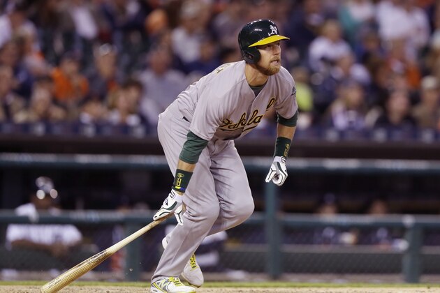 Oakland Athletics' Ben Zobrist watches as his grand slam clears the right field wall during the seventh inning of a baseball game against the Detroit Tigers, Tuesday, June 2, 2015, in Detroit. (AP Photo/Carlos Osorio)