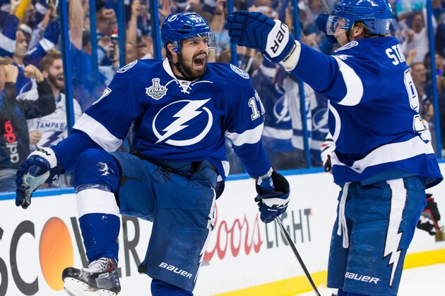 TAMPA, FL - JUNE 3: Alex Killorn #17 of the Tampa Bay Lightning celebrates his goal with teammate Steven Stamkos #91 against the Chicago Blackhawks during the first period in Game One of the 2015 NHL Stanley Cup Final at Amalie Arena on June 3, 2015 in Tampa, Florida.  (Photo by Scott Audette/NHLI via Getty Images)