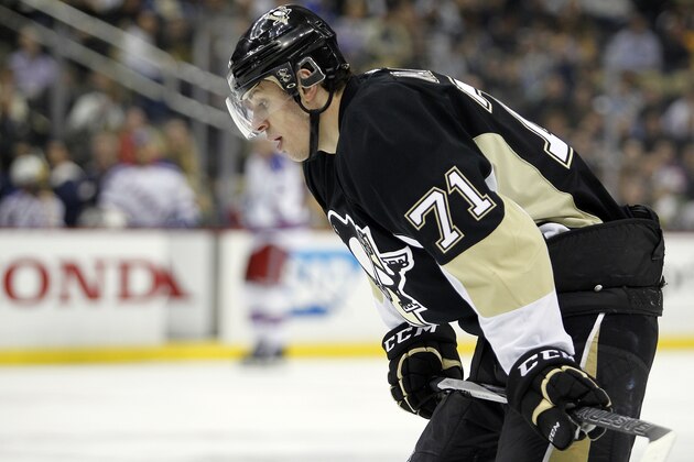 PITTSBURGH, PA - APRIL 22:  Evgeni Malkin #71 of the Pittsburgh Penguins gets his breath before a power play in the second period in Game Four of the Eastern Conference Quarterfinals against the New York Rangers during the 2015 NHL Stanley Cup Playoffs at Consol Energy Center on April 22, 2015 in Pittsburgh, Pennsylvania.  (Photo by Justin K. Aller/Getty Images)