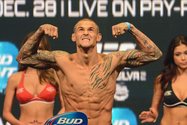 Dec 27, 2013; Las Vegas, NV, USA;   Dustin Poirier weighs-in for his UFC Featherweight Bout on December 28 at the MGM Grand Garden Arena. Mandatory Credit: Jayne Kamin-Oncea-USA TODAY Sports