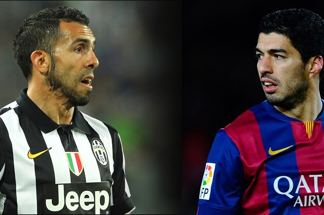(FILE PHOTO - Image Numbers 469779616 (L) and 462695126- EDITORS NOTE: A GRADIENT HAS BEEN ADDED)  In this composite image a comparison has been made between Carlos Tevez of Juventus FC (L) and Luis Suarez of FC Barcelona. Juventus and FC Barcelona meet each other in the UEFA Champions League Final at the Olympiastadion Stadium on June 6, 2015 in Berlin,Germany. ***LEFT IMAGE*** TURIN, ITALY - APRIL 14: Carlos Tevez of Juventus FC looks on during the UEFA Champions League Quarter Final First Leg match between Juventus and AS Monaco FC at Juventus Arena on April 14, 2015 in Turin, Italy. (Photo by Marco Luzzani/Getty Images) ***RIGHT IMAGE*** BARCELONA, SPAIN - FEBRUARY 01: Luis Suarez of FC Barcelona looks on during the La Liga match between FC Barcelona and Villarreal CF at Camp Nou on February 1, 2015 in Barcelona, Spain. (Photo by David Ramos/Getty Images)