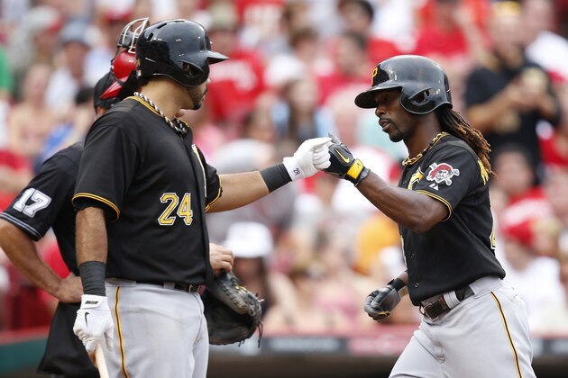 CINCINNATI, OH - JULY 20: Andrew McCutchen #22 of the Pittsburgh Pirates celebrates with teammate Pedro Alvarez #24 after hitting a home run in the fourth inning against the Cincinnati Reds during the game at Great American Ball Park on July 20, 2013 in Cincinnati, Ohio. The Reds won 5-4. (Photo by Joe Robbins/Getty Images)