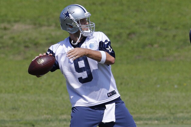 May 27, 2015; Dallas, TX, USA; Dallas Cowboys quarterback Tony Romo (9) throws the ball during OTAs at Dallas Cowboys Headquarters. Mandatory Credit: Matthew Emmons-USA TODAY Sports May 27, 2015; Dallas, TX, USA; Dallas Cowboys quarterback Tony Romo (9) throws the ball during OTAs at Dallas Cowboys Headquarters. Mandatory Credit: Matthew Emmons-USA TODAY Sports