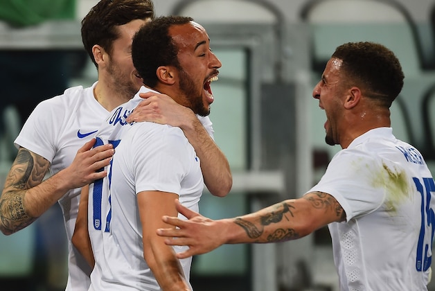 TURIN, ITALY - MARCH 31:  Andros Townsend of England celebrates scoring their first goal with Ryan Mason and Kyle Walker of England during the international friendly match between Italy and England at the Juventus Arena on March 31, 2015 in Turin, Italy.  (Photo by Laurence Griffiths/Getty Images)