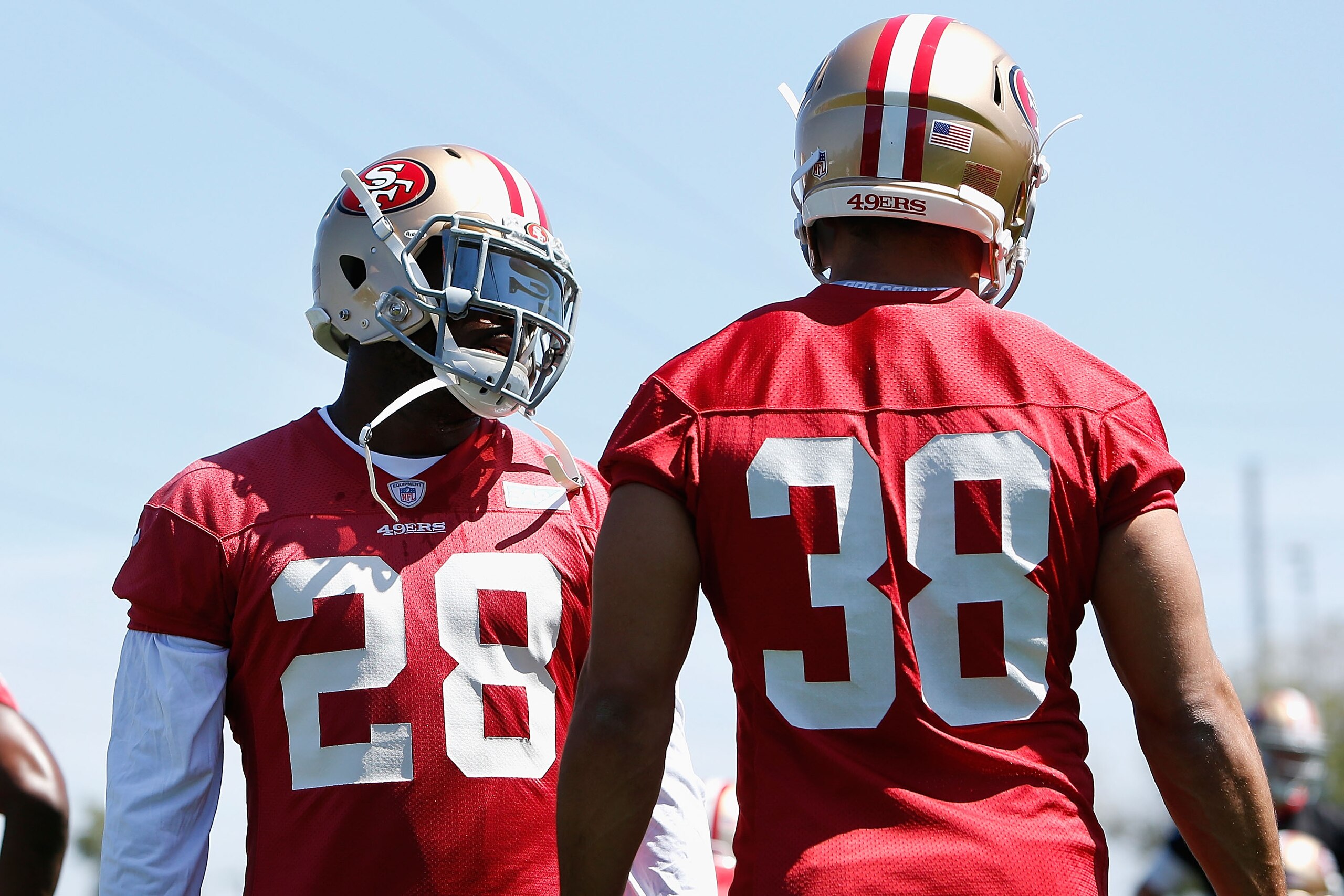 SANTA CLARA, CA - APRIL 29: Jarryd Hayne #38 of the San Francisco 49ers speaks to Carlos Hyde #28 of the San Francisco 49ers during a media opportunity at Levi's Stadium on April 29, 2015 in Santa Clara, California. (Photo by Lachlan Cunningham/Getty Images) SANTA CLARA, CA - APRIL 29: Jarryd Hayne #38 of the San Francisco 49ers speaks to Carlos Hyde #28 of the San Francisco 49ers during a media opportunity at Levi's Stadium on April 29, 2015 in Santa Clara, California. (Photo by Lachlan Cunningham/Getty Images)