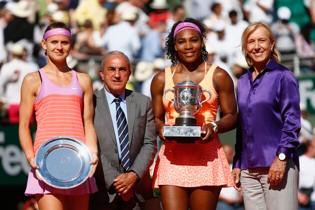 PARIS, FRANCE - JUNE 06:  Runner up Lucie Safarova of Czech Republic,  French Tennis Federation president Jean Gachassin, winner Serena Williams of the United States and  and Martina Navratilova pose  after the Women's Singles Final on day fourteen of the 2015 French Open at Roland Garros on June 6, 2015 in Paris, France.  (Photo by Julian Finney/Getty Images)